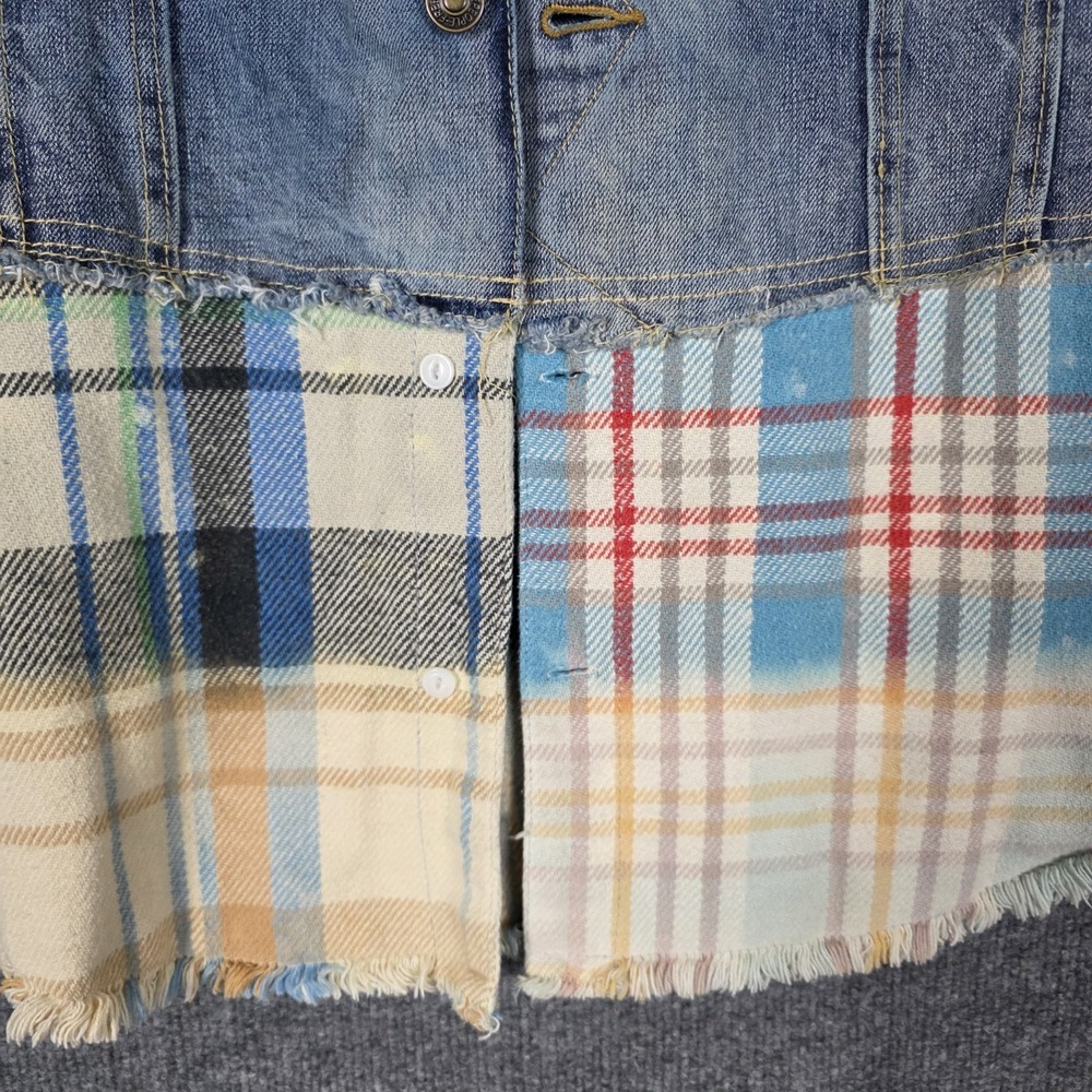 Free People L Sirius Upcycled Denim Plaid Jacket Crochet Evil Eye Jean Flannel - Picture 9 of 12